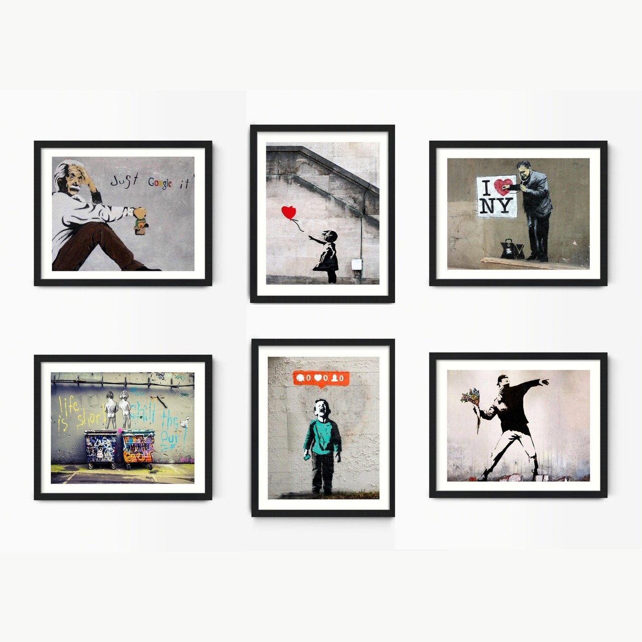 Framed Banksy Street Art Canvas Set of 6 - 16x20 Graffiti Prints